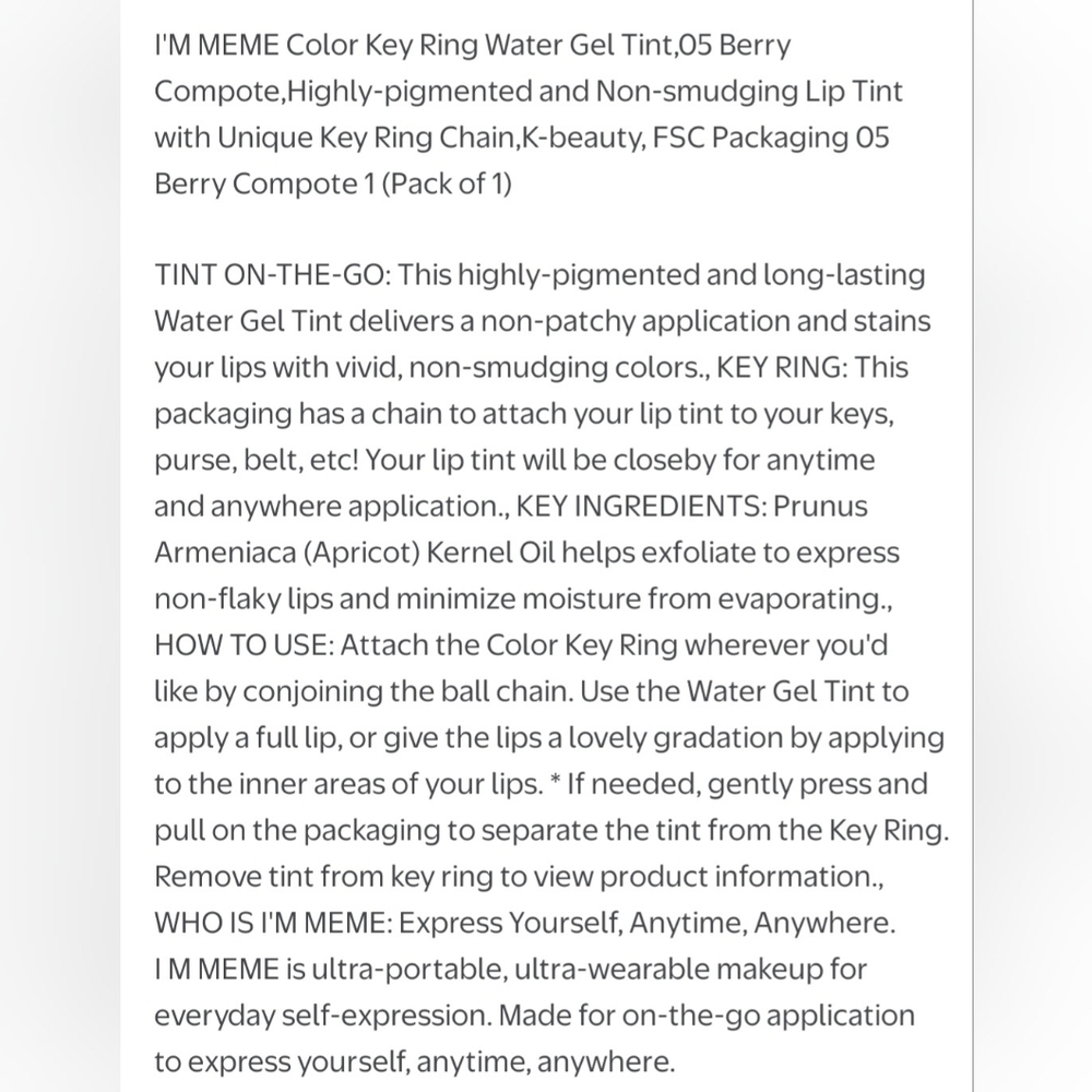 I'm Meme Water Gel Tint In 'Berry Compote' with Key Ring. New In Box. Sealed. - Picture 7 of 8